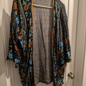 Floral Kimono with Blue and Orange Accents